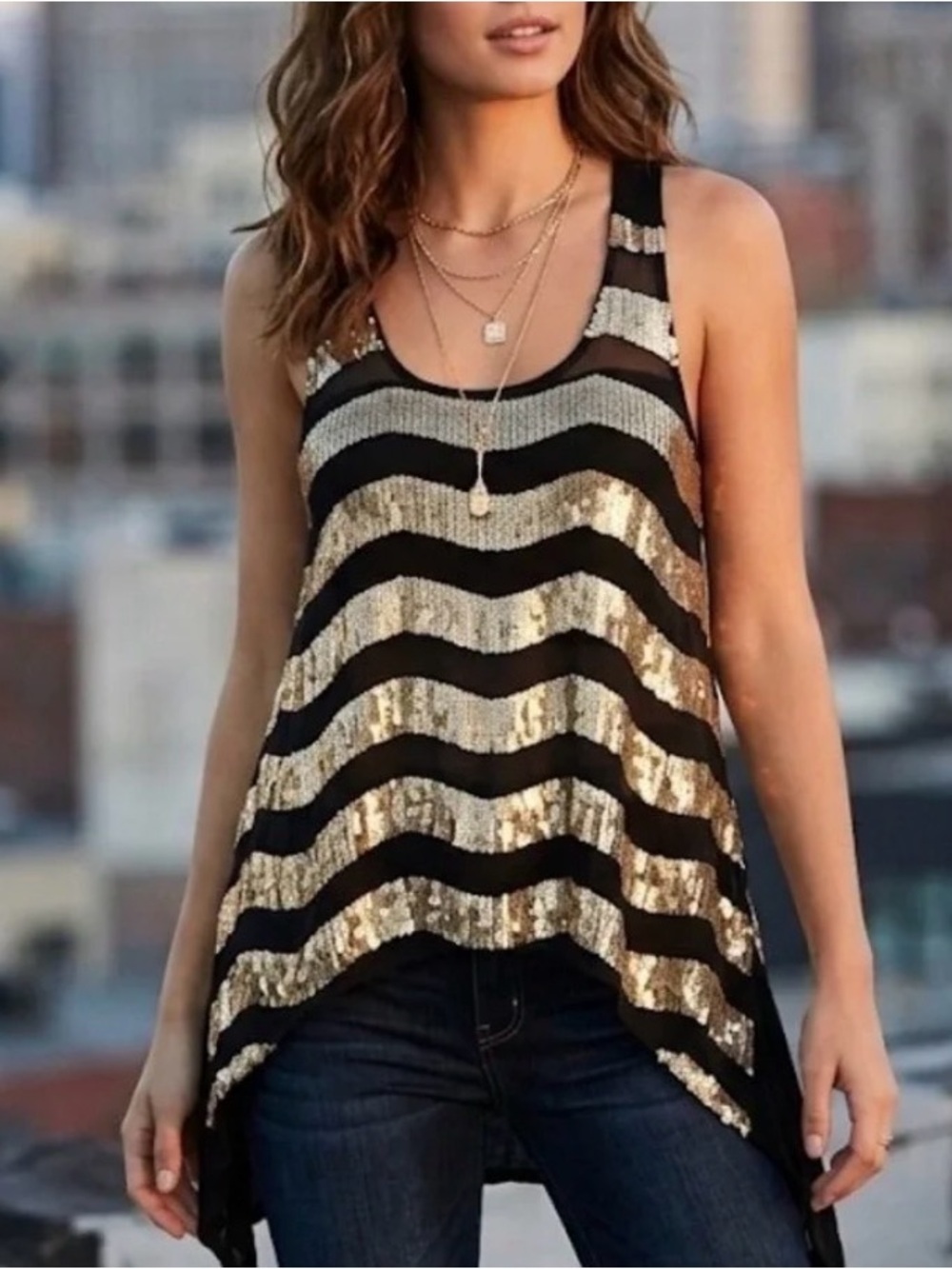 Bebe, Silver and Gold Sequin Wave Tank Tunic, sz M